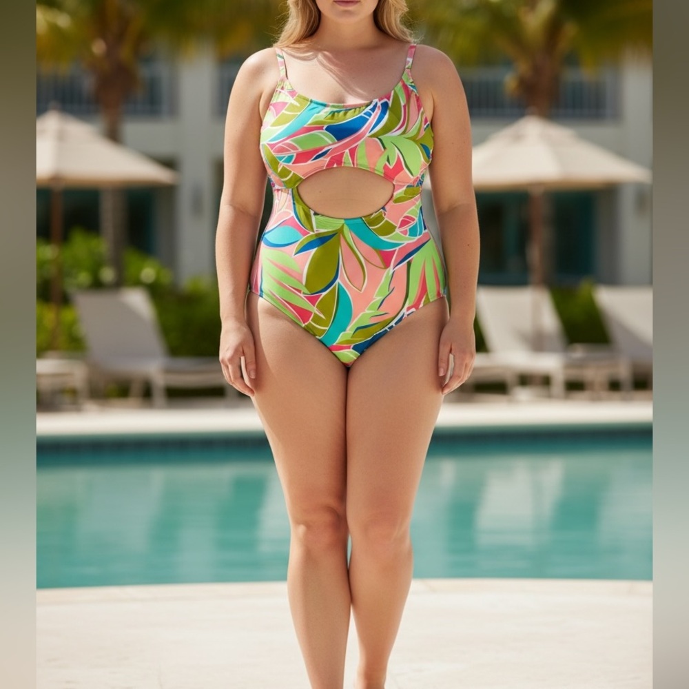 Hurley Women’s One Piece Swimsuit XXL Graphic Leaf Citron UPF 50+ NWOT